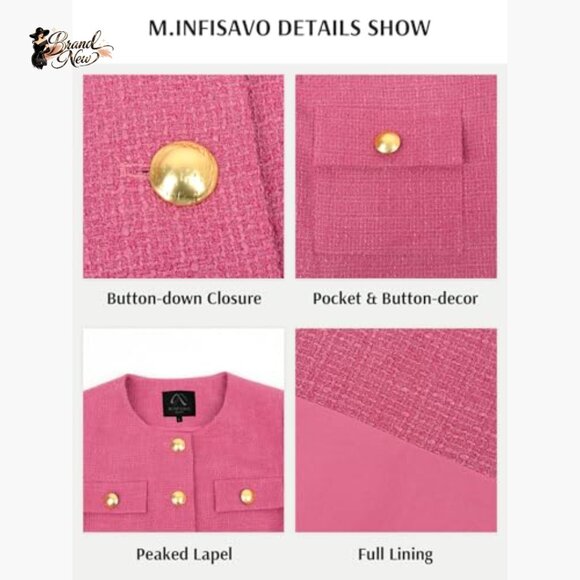 Tweed Cropped Blazer with Gold Buttons Business Casual Jacket - Picture 4 of 7